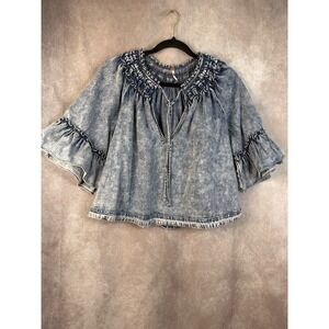 Free People Ainsley Acid Wash Denim Bell Sleeve Smocked Babydoll‎ Size XS Ruffle